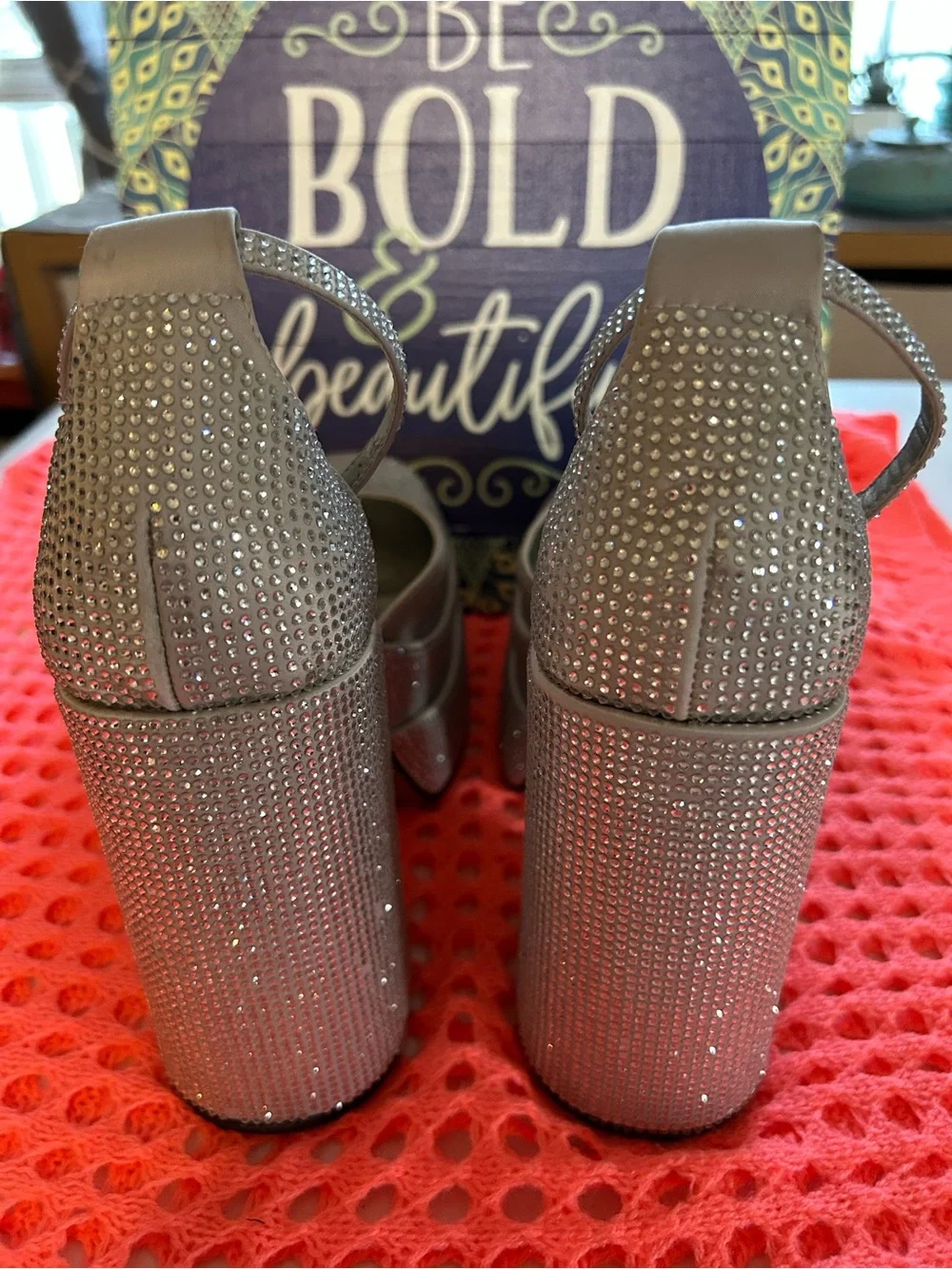 Steve Madden Silver Rhinestone Platform Block Heels with Slingback